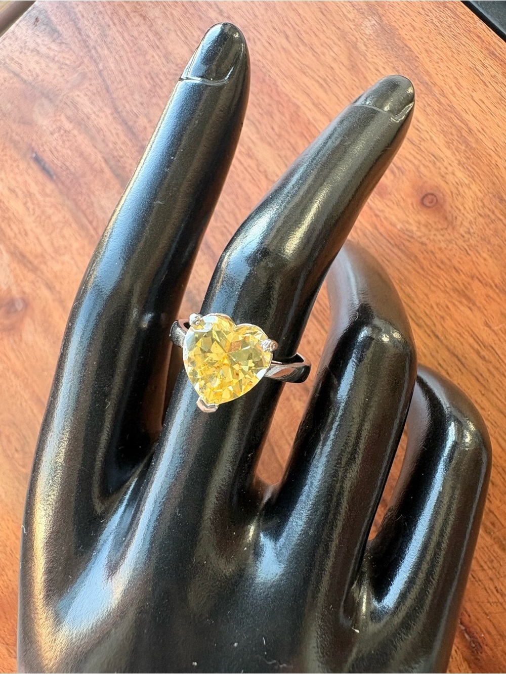 Vintage Yellow Heart-Cut Ring in Silver Tone - Size 7.5